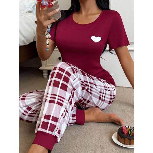 R 41676 Color block plaid home set 拼色格子家居套跨境速
