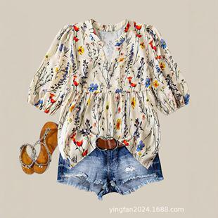 Plus Size Women's Floral Bubble Sleeves Blouse Womenswear