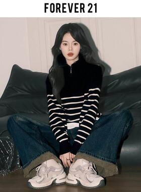 orever21秋冬慵懒风加XX-806-1F厚 针织毛衣女黑拉色条纹长袖半炼