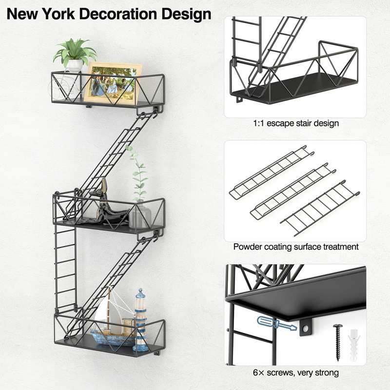 防火逃生黑色独特的墙面货架 铁艺墙面展示置物架梯形角架