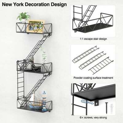 防火逃生黑色独特的墙面货架 铁艺墙面展示置物架梯形角架