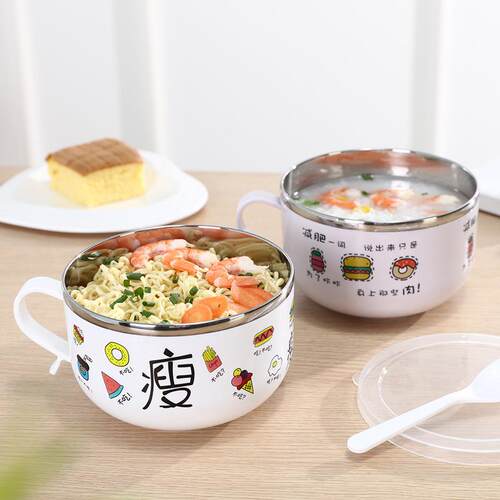 韩式不锈钢双层防烫泡面碗家用圆形多功能泡面碗