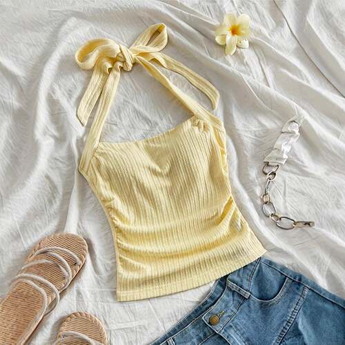 Summer Boho Colorblock Halter Top Comfortable Tie Backless