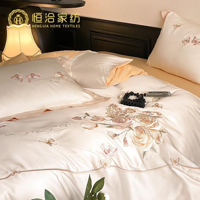 小清新超柔全棉纯棉四件套高精密花卉蝴蝶刺绣新款被套床品白黄色