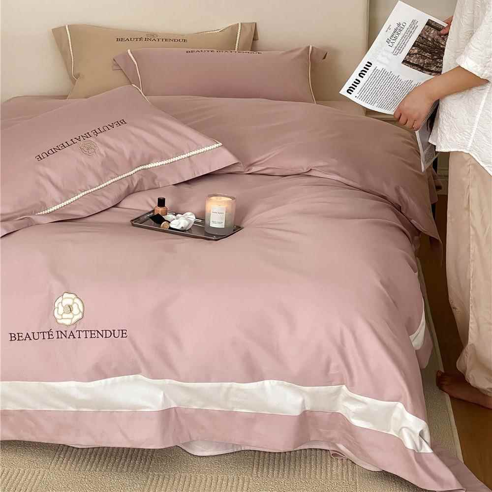 法式轻奢澳棉磨毛四件套简约刺绣宽边被套珍珠纽扣款枕套床品