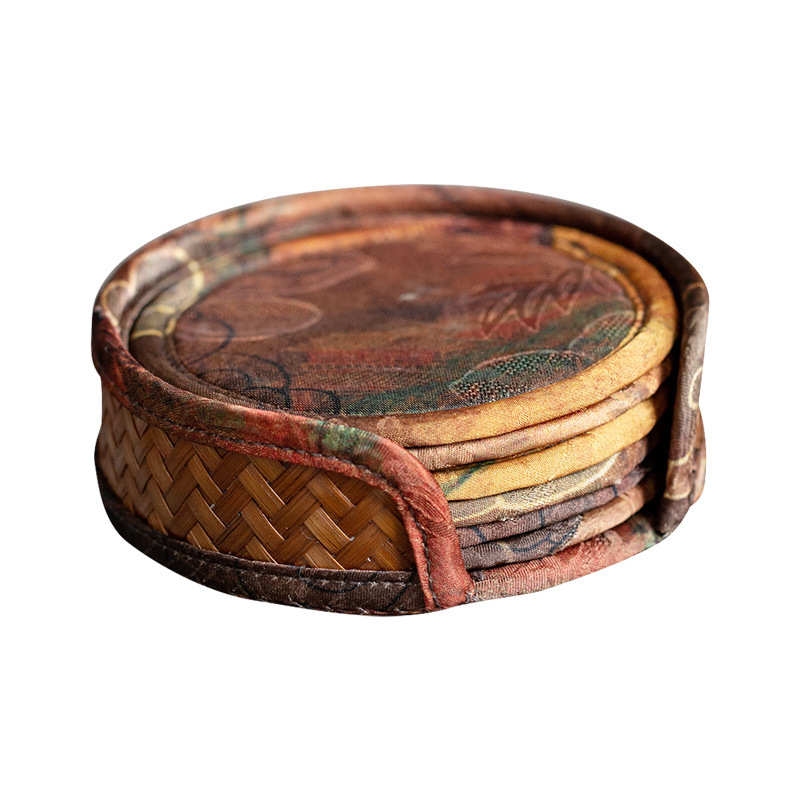 功夫竹编手工印花古风杯隔热杯托垫配件垫复壶茶道中式茶具缎面垫