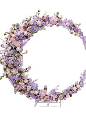 婚礼装饰背景花艺紫色月亮拱门 舞台迎宾彷真绢花成品铁艺花艺