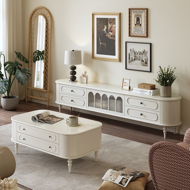 YP6法式奶油风实木电视柜茶几组合现代简约小户型客厅家用白色电