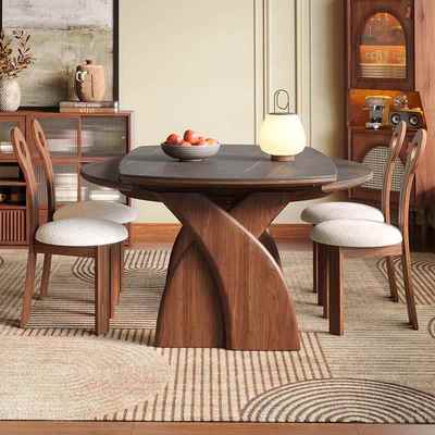 中古风2025新款实木折叠餐桌椅子可变圆桌伸缩家用小户型岩板美式