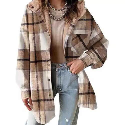 Women'S Flannel Hooded Plaid 2026 Shacket Thick Coat Winter