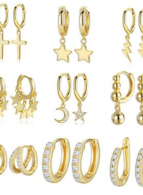 925 Sterling Silver Earrings Gold Color cross Moon Star CZ Z