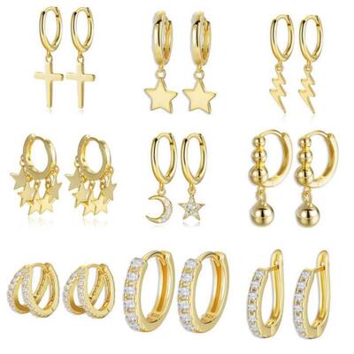 925 Sterling Silver Earrings Gold Color cross Moon Star CZ Z