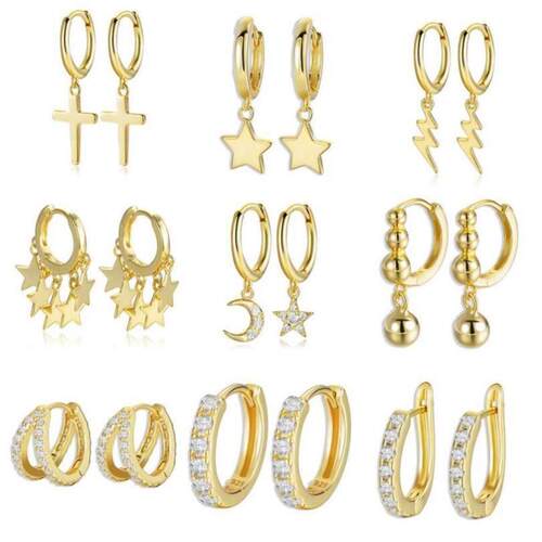 925 Sterling Silver Earrings Gold Color cross Moon Star CZ Z