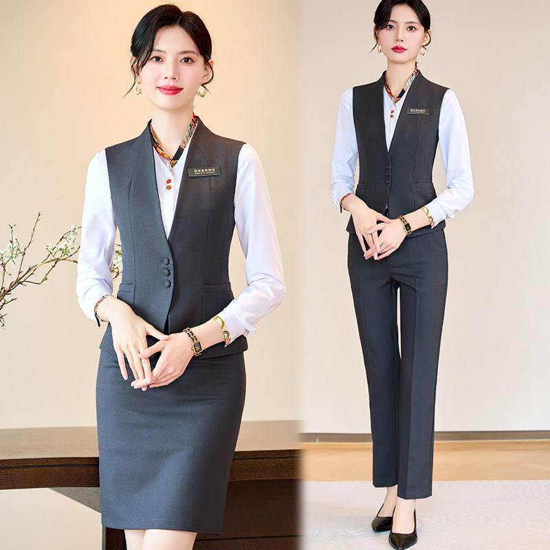 职业装马甲套装女秋冬季餐饮餐厅女服务员工作服酒店前台接待工装
