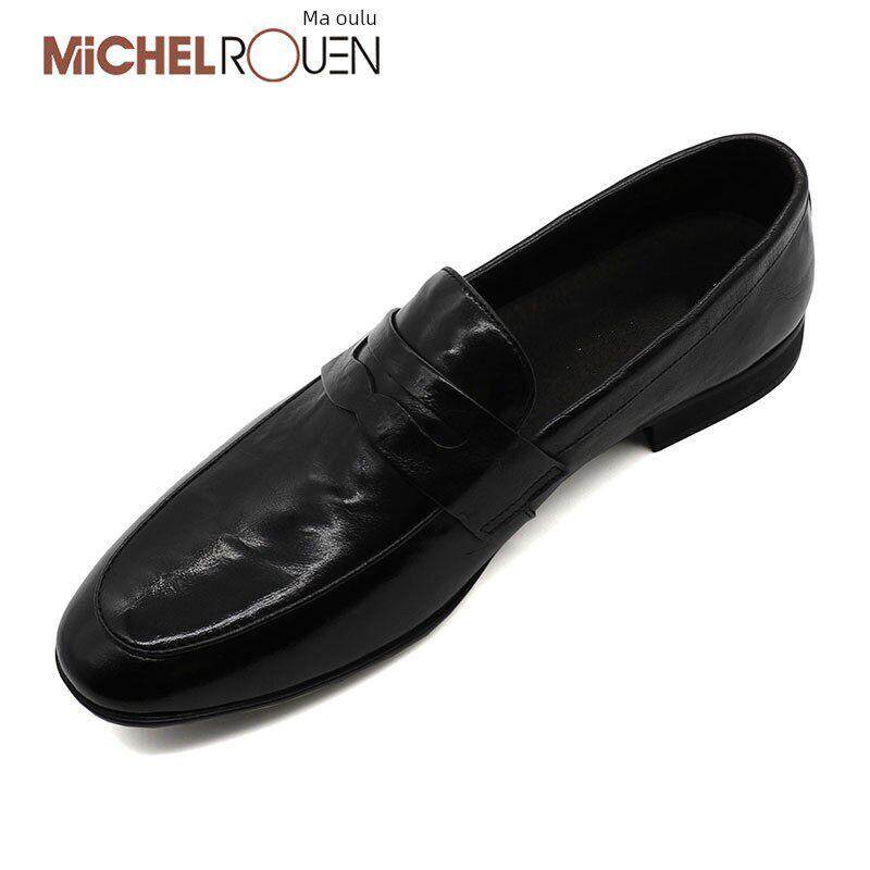 MICHEL ROUEN高端品牌正品皮鞋男商务正装套脚头层牛皮豆豆鞋男士