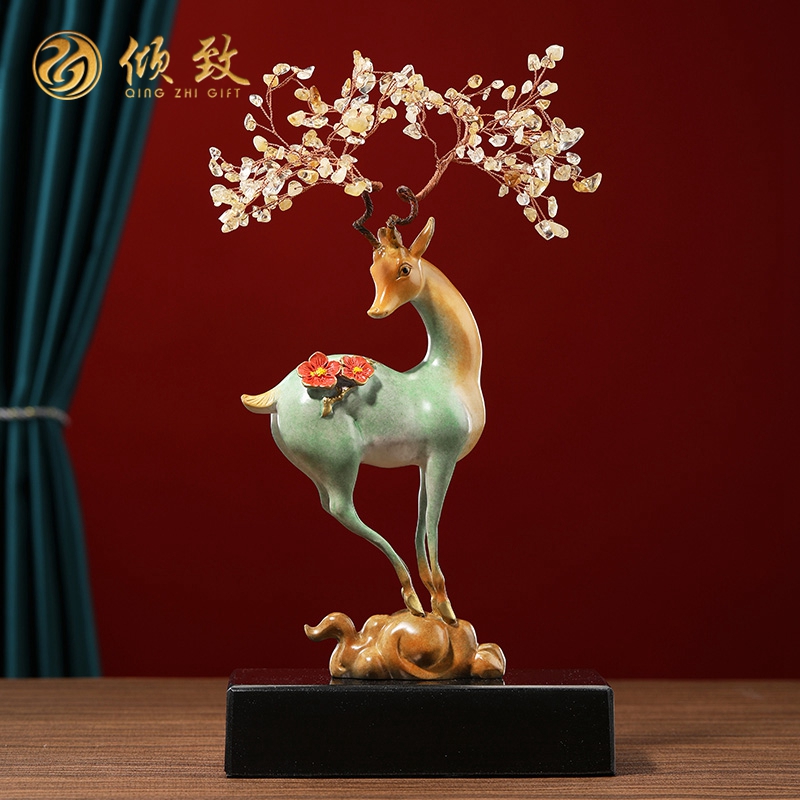 一路生花纯铜梅花鹿摆件装饰客厅酒柜电视柜家居饰品乔迁之喜礼物