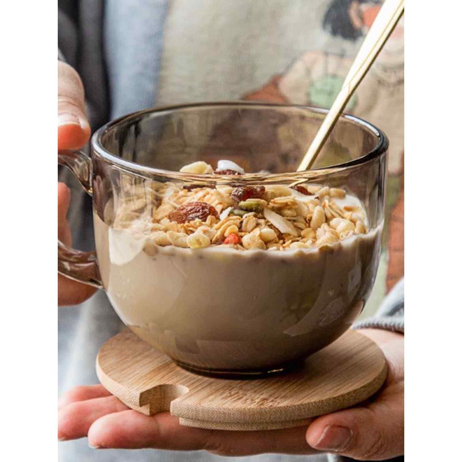 牛奶杯微波炉可加热玻璃杯带盖耐热早餐杯泡燕麦冲藕粉碗勺便携杯