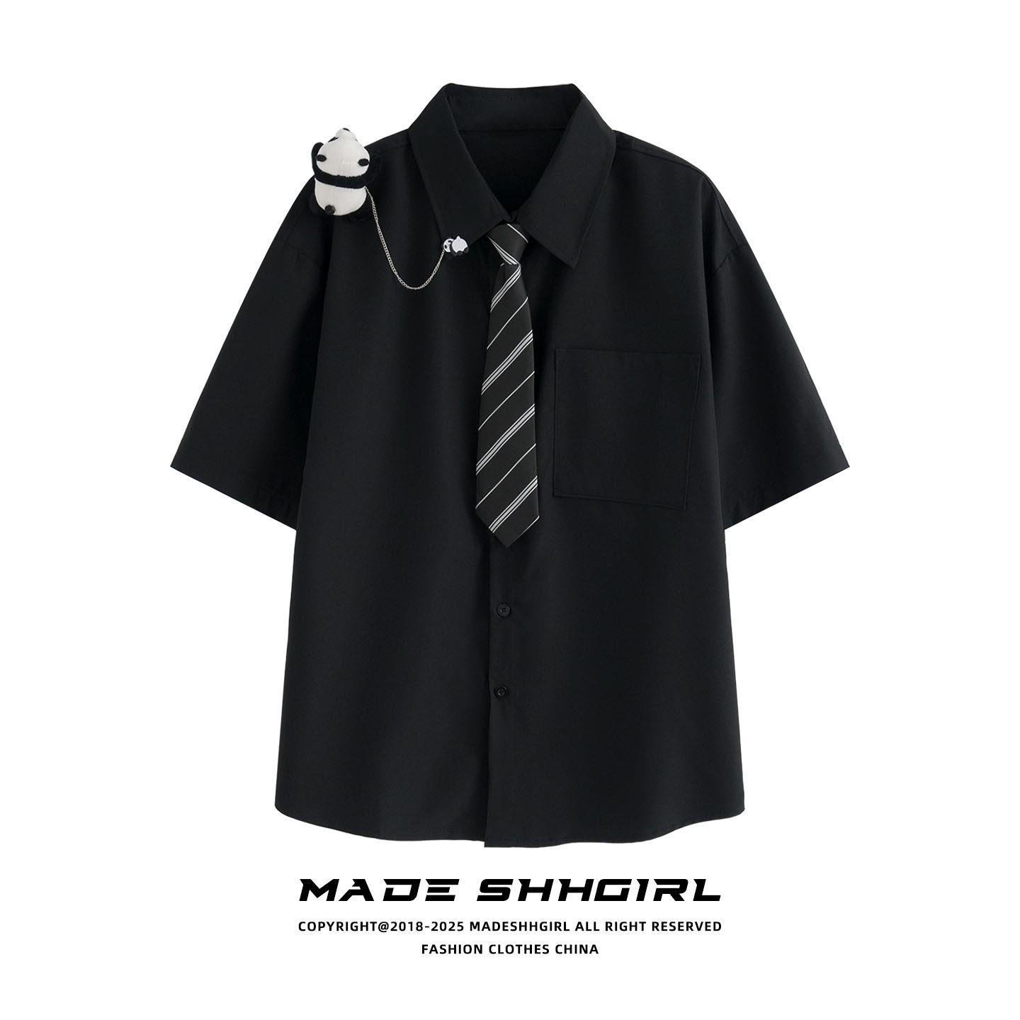 「MADE SHHGIRL」熊猫挂件黑色衬衫女短袖夏季jk衬衫学院风工作服