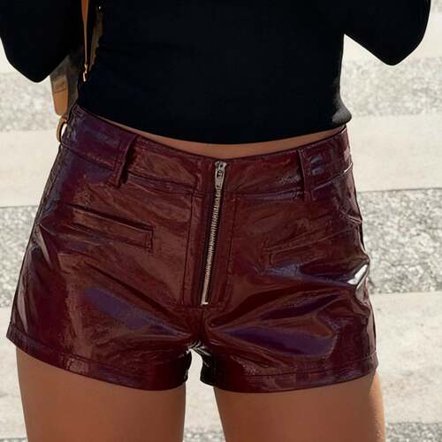 Women's Low Waist Zipper Design Faux Leather Shorts Vintage