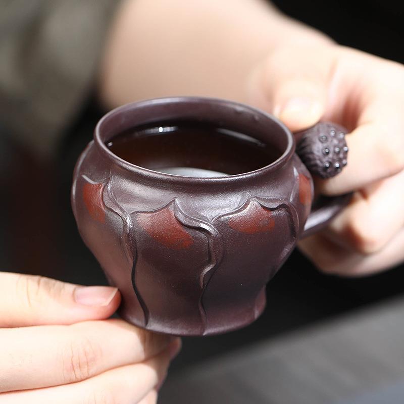 宜兴紫砂荷叶杯子手工带把品茗杯莲蓬莲子主人小口杯办公室茶碗