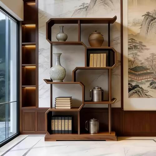 新中式实木博古架黑胡桃木多宝格客厅办公室多功能展示置物架
