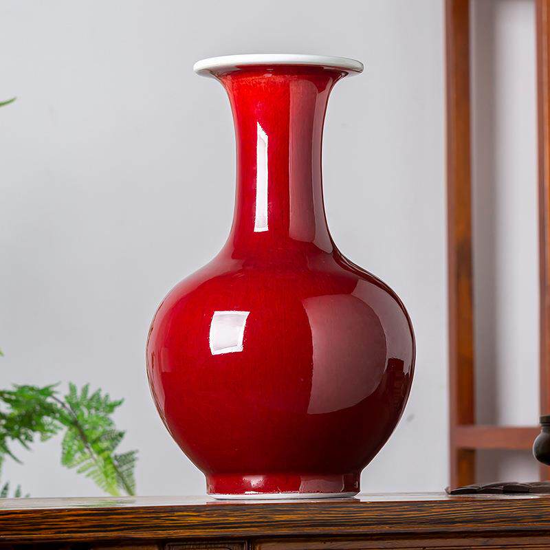 景德镇郎红釉裂纹花瓶新中式家居客厅柜子装饰品摆设瓷瓶插花摆件