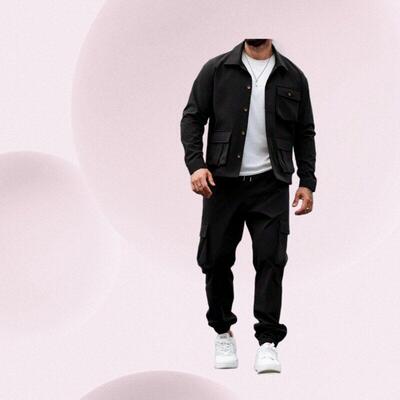 Men's Fall Winter Jacket Set with Cargo Pants Casual Fitted