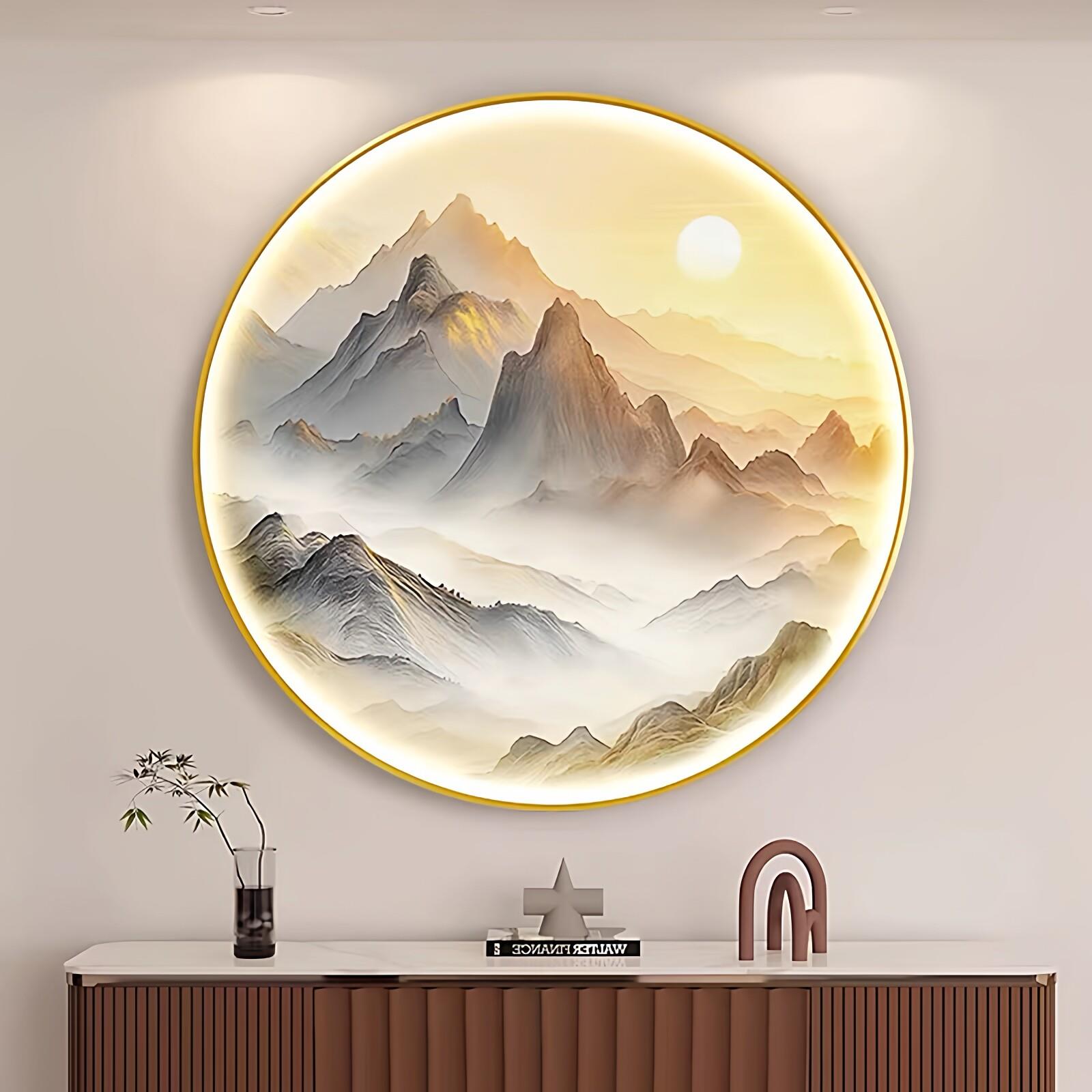 中式圆形入户玄关装饰画山水意境灯画走道背景墙画茶室办公室挂画