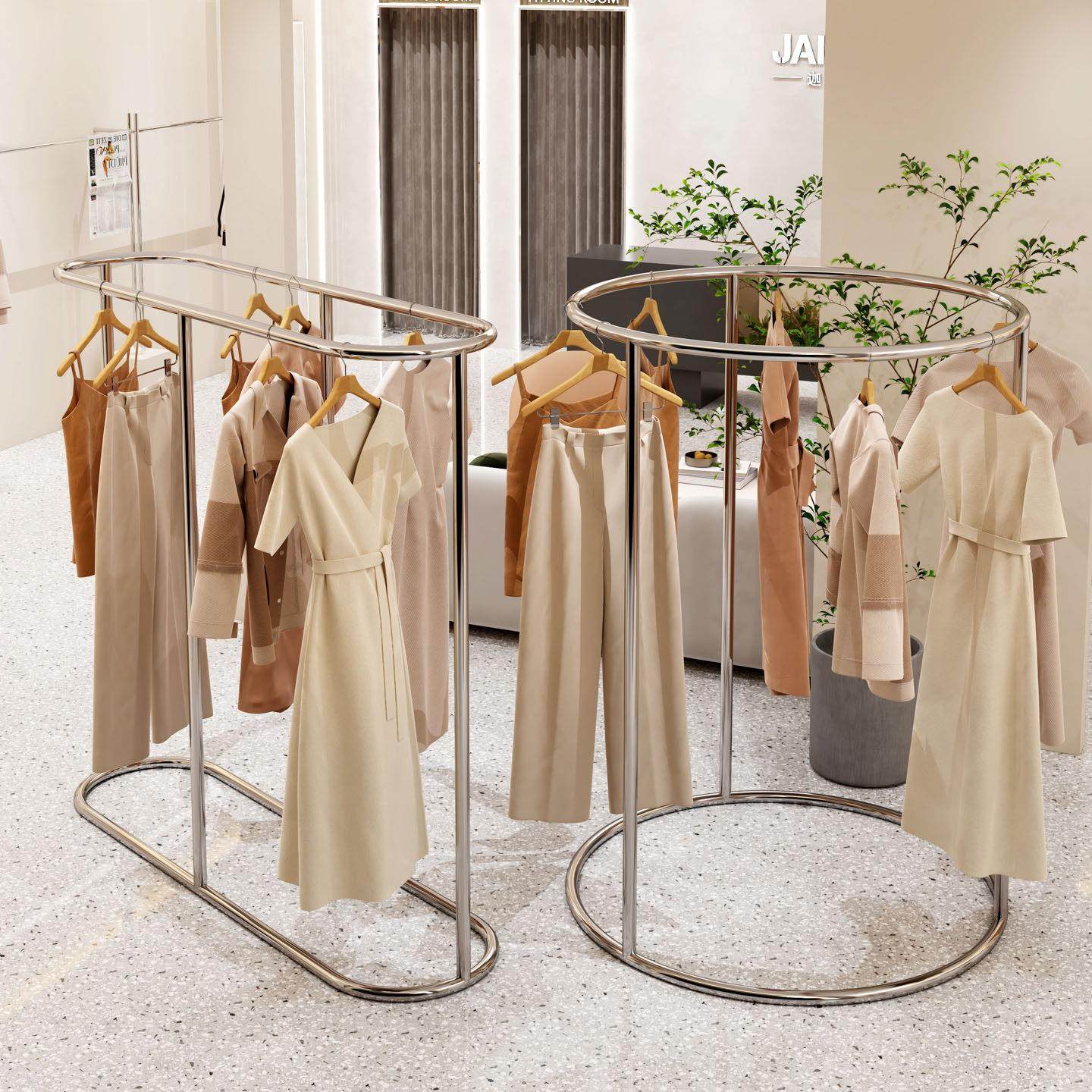 服装店展示架女装货架童装架子不锈钢椭圆形女装落地中岛架挂衣架