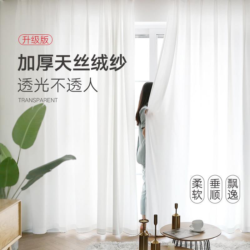 窗纱纱帘透光不透人北欧简约家用飘窗白纱阳台纱半遮光雪纺天丝绒