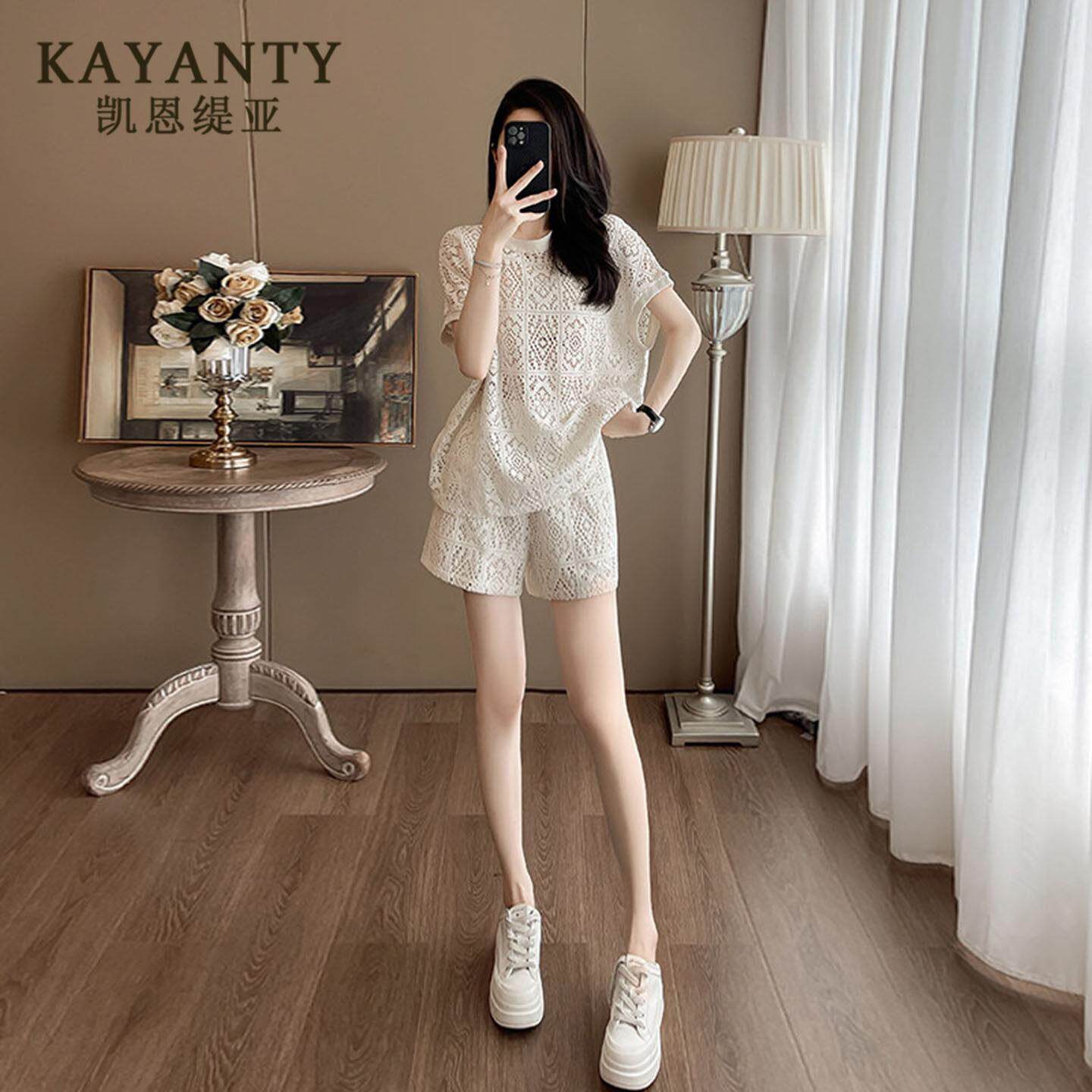 KAYANTY时尚运动套装女夏季时尚休闲减龄气质镂空短袖短裤两件套