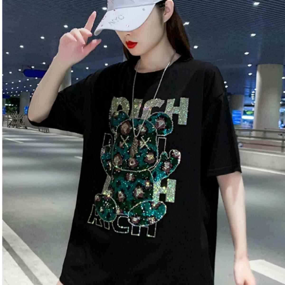 香港胖mm大尺码烫钻短袖t恤女夏中长版ins时尚下半身失踪上衣欧洲