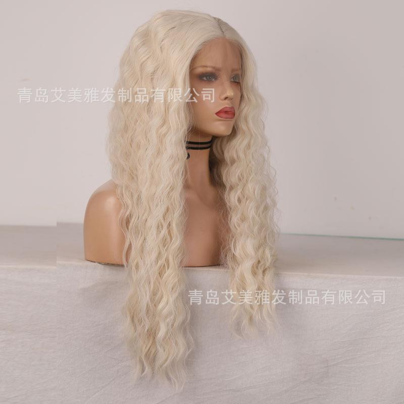 新款直销跨境欧美假发 白金色前蕾丝小波浪长卷发弹力网头套 工厂