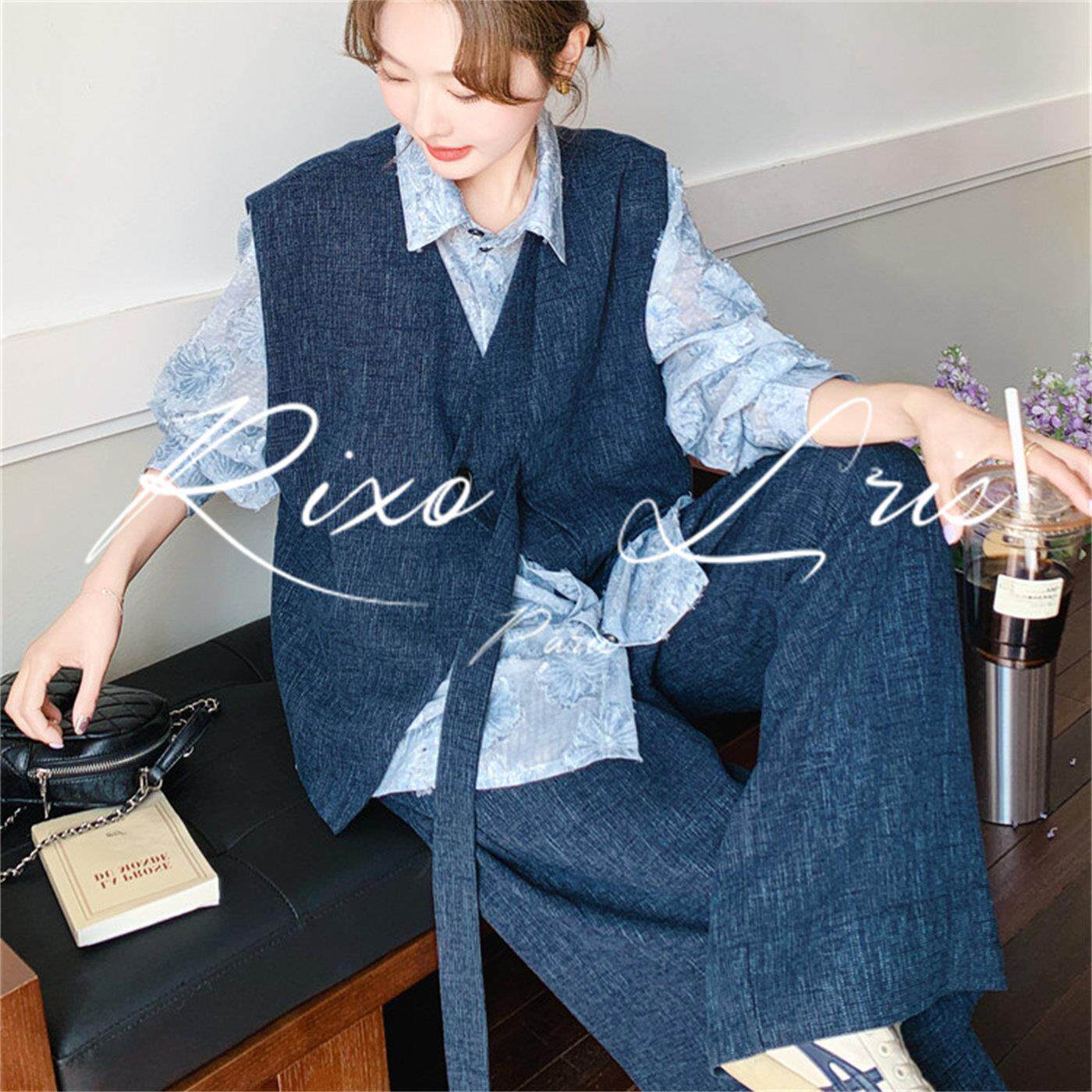 RIXO LRIS法式时尚提花衬衫马甲套装裤女春秋气质休闲长裤三件套