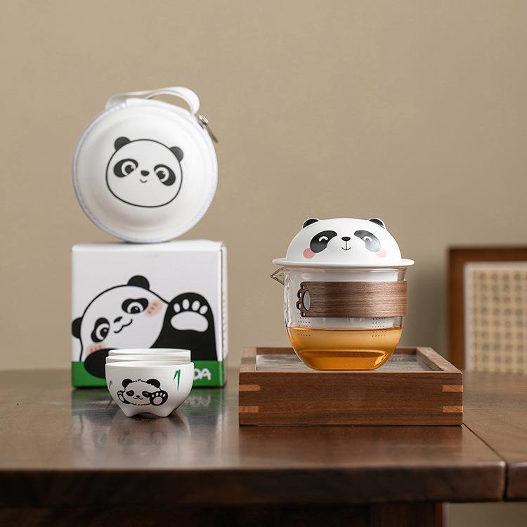 熊猫旅行茶具套装便携式快客杯陶瓷一壶三杯户外露营随身茶壶茶杯
