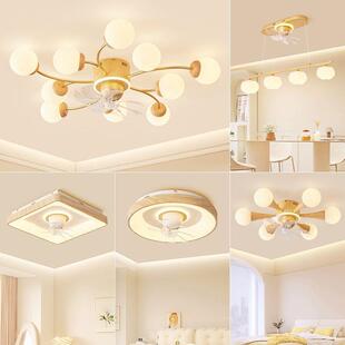 原木纹风扇灯魔豆灯客厅吸顶新款 吊扇灯摇头现代简约餐厅 儿童中式