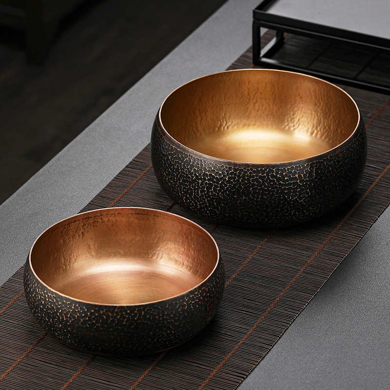 手工锤纹紫铜水盂茶洗缸笔洗日式大号高档建水复古杯洗茶具配件