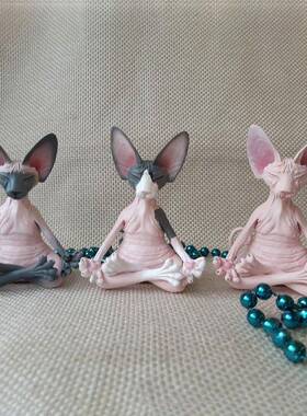 跨境 无毛猫打坐修炼树脂摆件 仿真猫咪庭院设计居家装饰装修