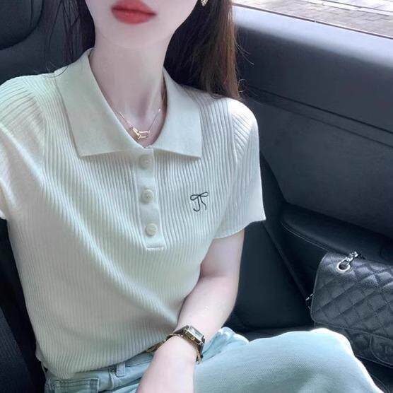 法式Rixo Kelly气质高级感正肩针织短袖T恤休闲百搭短款刺绣上衣