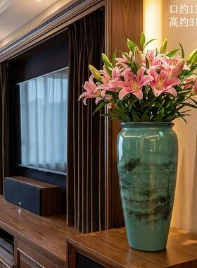 客厅插花百合专用水培器皿新中式陶瓷花瓶摆件桌面绿萝水养高花瓶