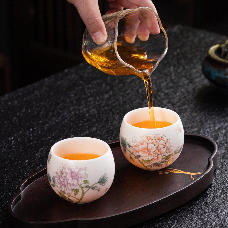 羊脂玉茶杯主人杯单杯高档德化白瓷品茗杯国潮牡丹杯家用对杯礼盒