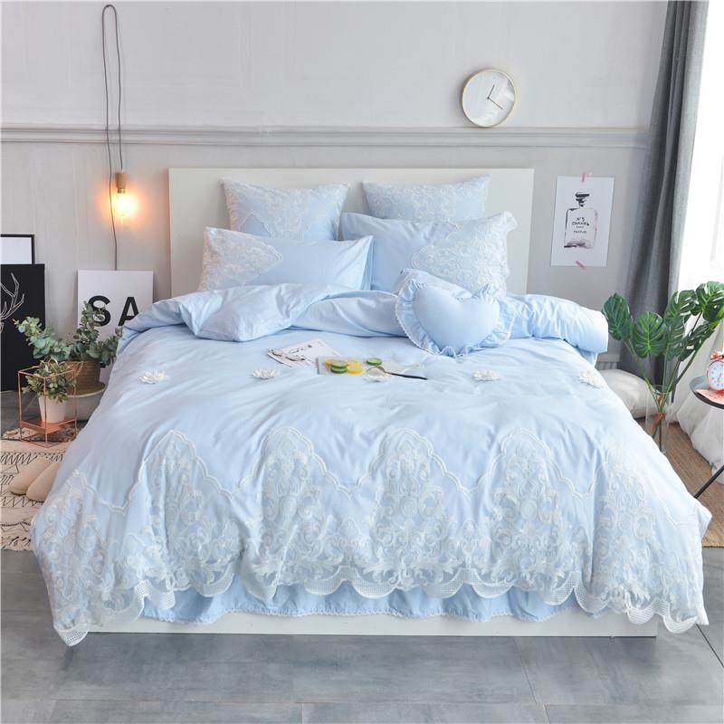 韩式纯色纯棉100全棉床上四件套蕾丝被套公主风少女心床单床裙款4
