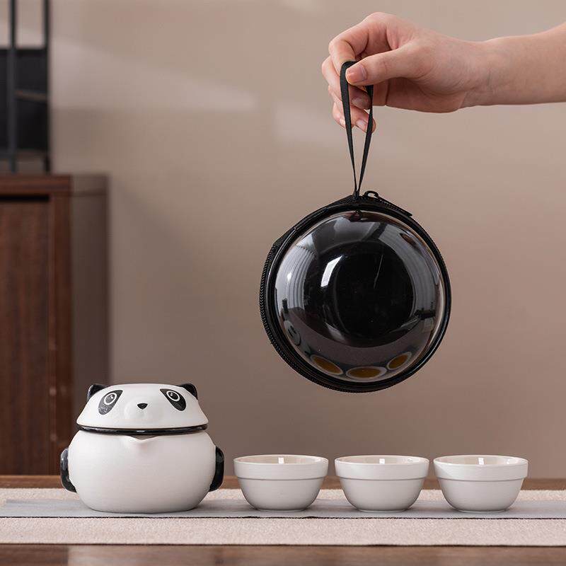 创意熊猫旅行茶具便携式快客陶瓷三杯可爱礼盒装公司白领商务礼品