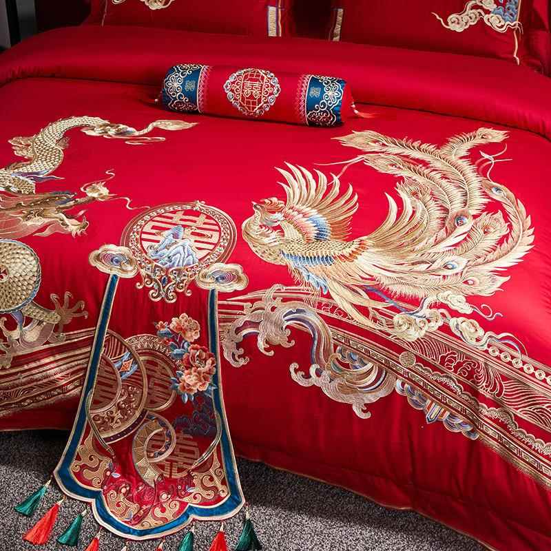 结婚四件品套140s长绒棉喜庆被套件高端婚床DW-91008用上陪嫁红色