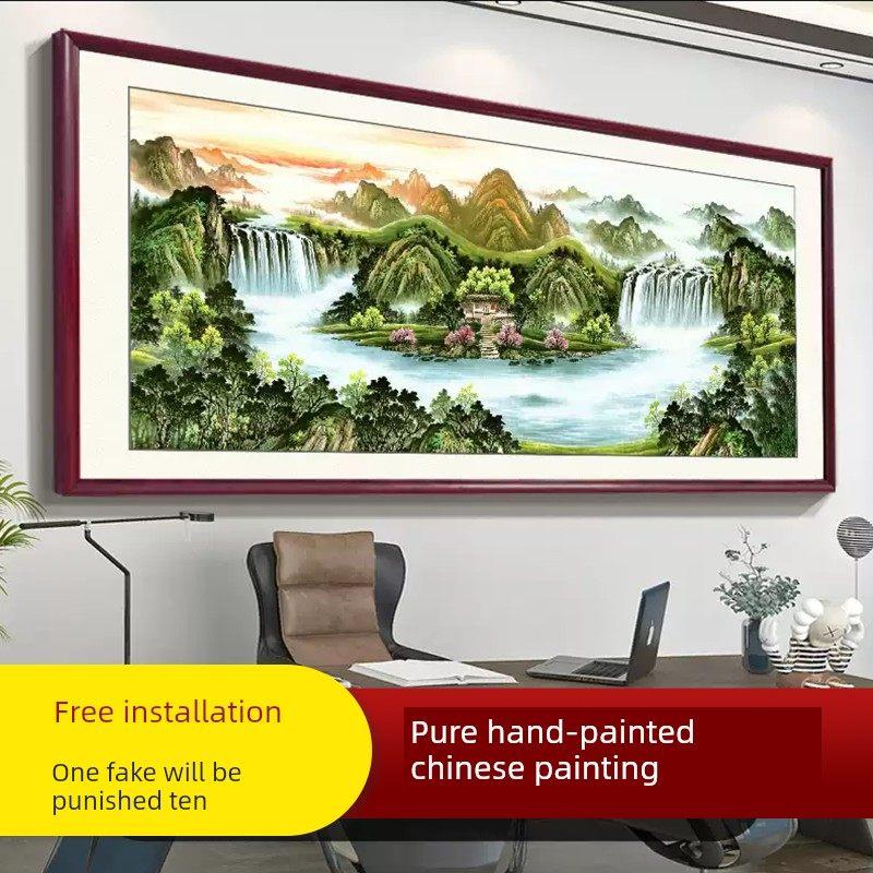手绘聚宝盆客厅挂画装饰画大气沙发背景墙中堂国画办公室壁画招财