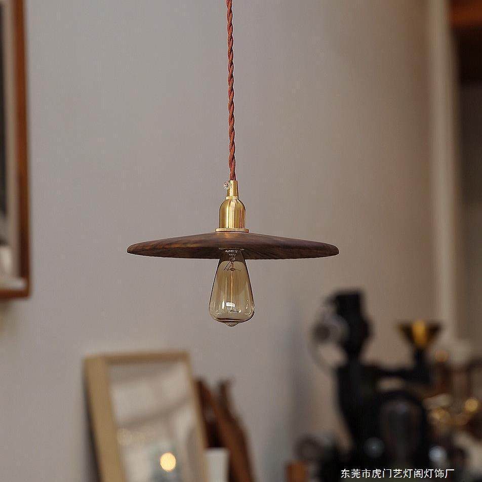 黑胡桃木黄铜吊灯实木简约灯罩 个性玄关创意过道餐厅吧台灯