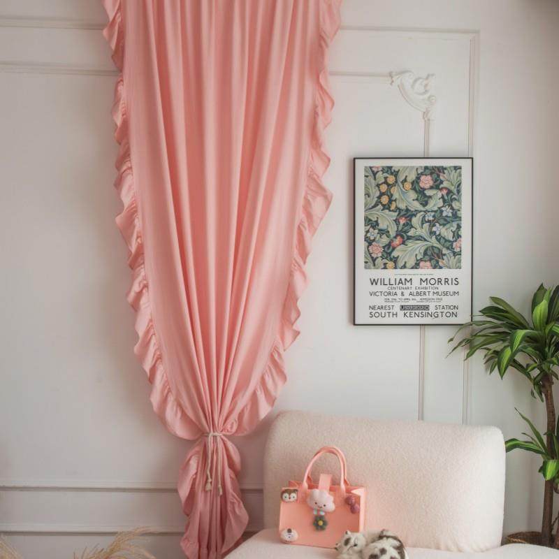 乐轩秀新品窗帘粉色公主风荷叶边免打孔飘窗窗帘婚庆背景布艺帘