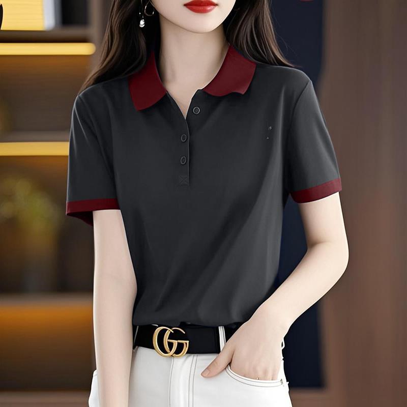 意梵歌韓國拼接翻領(lǐng)短袖t恤女2025夏季新款休閑大碼寬松洋氣上衣