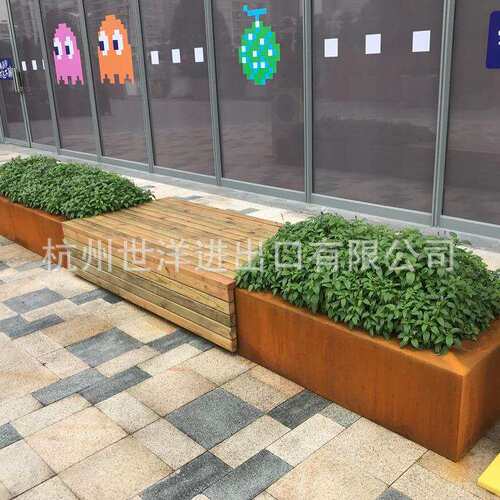 户外广场耐候钢防腐木坐凳带种植花箱组合耐候钢花钵