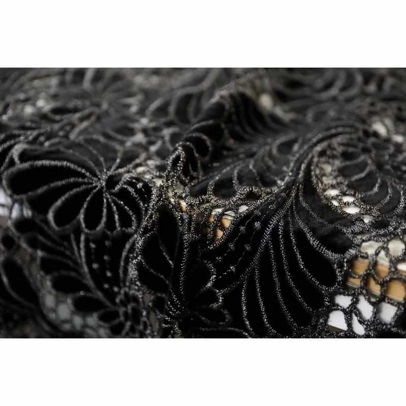 日本进口重磅黑底银花镂空绣花针织金丝绒天鹅绒布料设计师面料